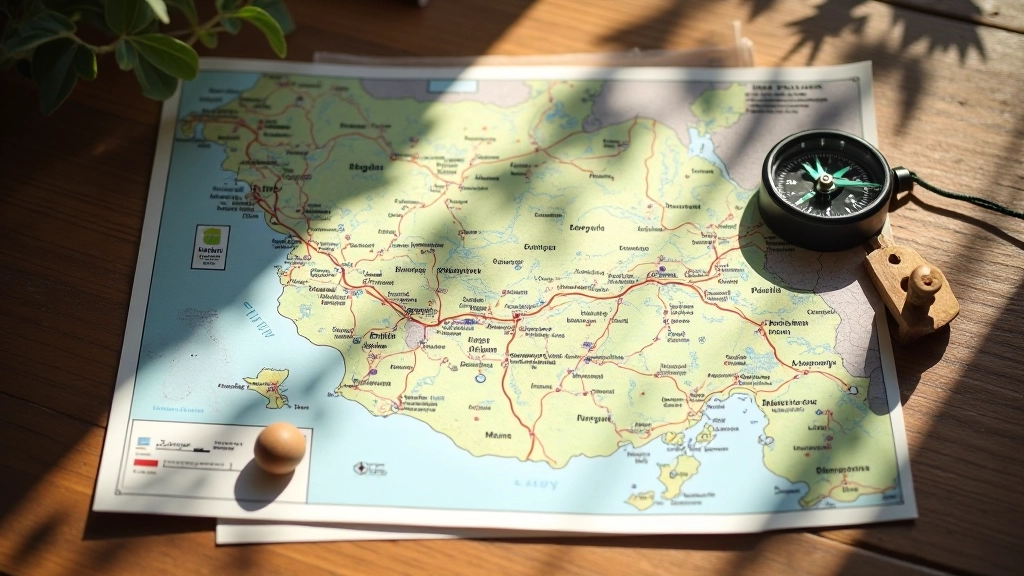 Žemėlapis, kompasas ir planavimo įrašai ant medienos stalo, ruošimasis žygiui